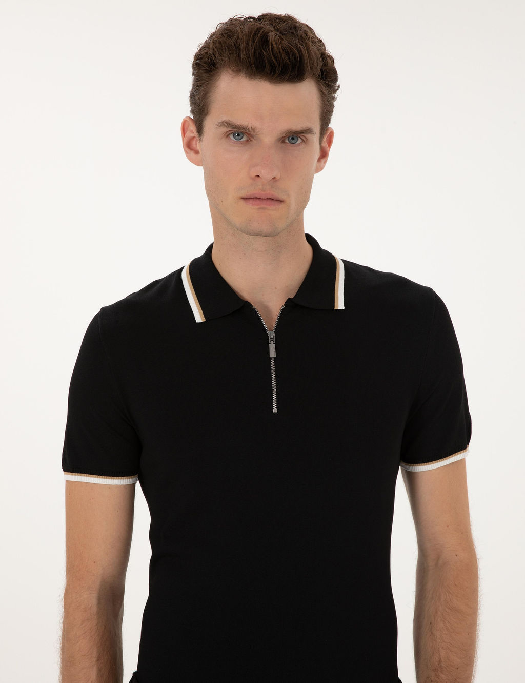 Siyah Slim Fit Polo Yaka Fermuarl_ Triko Kazak - Pierre cardin фото 2