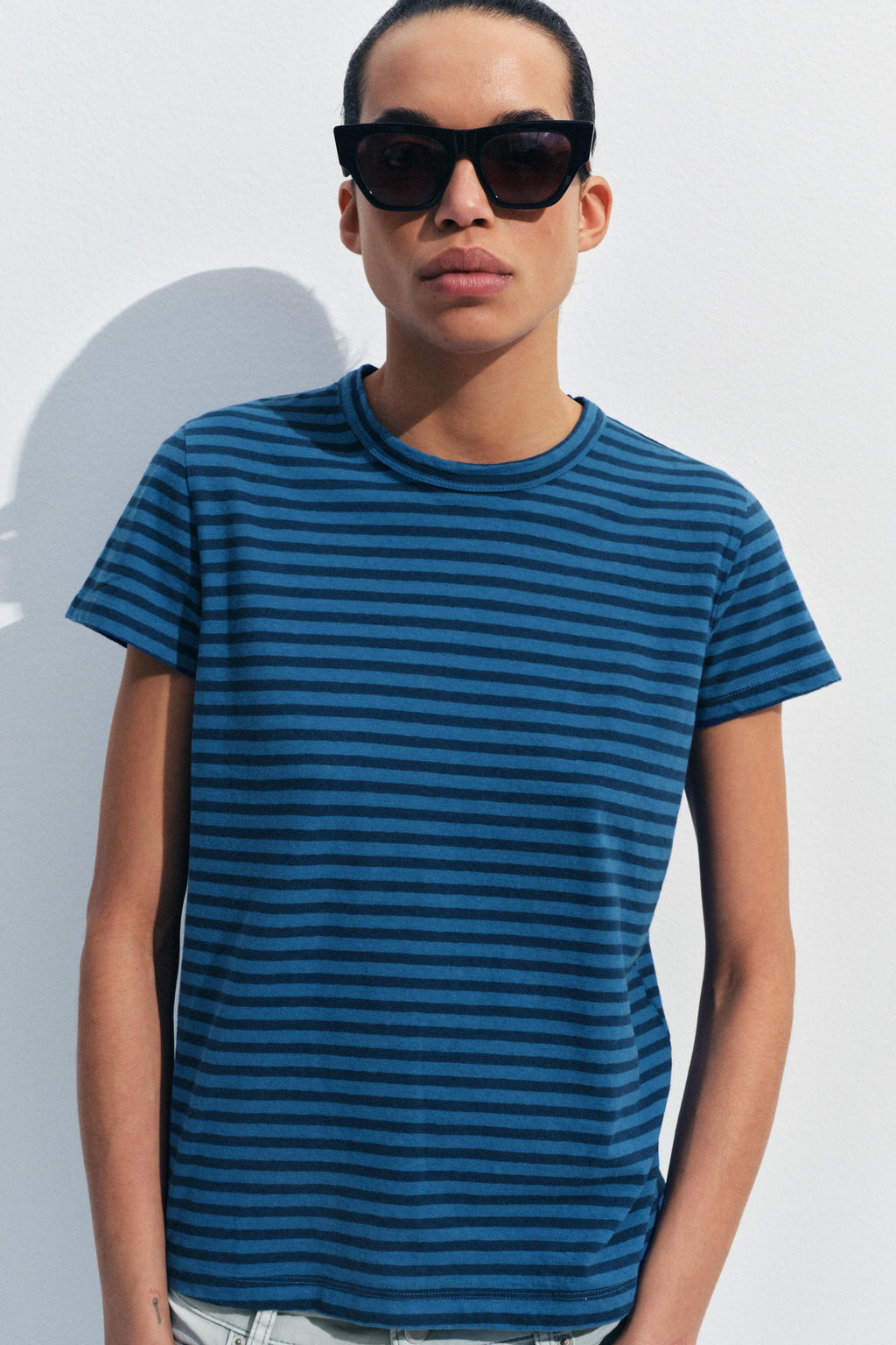 CAMISETA RAYAS ALGOD?N Y LINO / Azul / ?ndigo