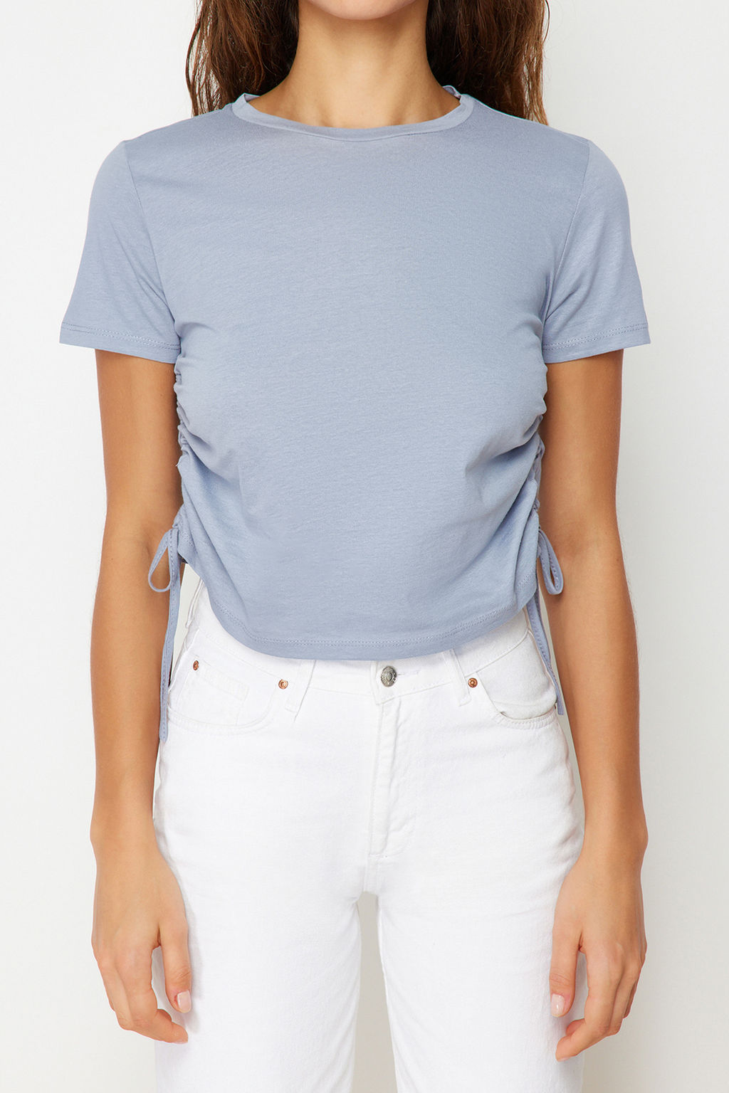 Gri %100 Pamuk Bisiklet Yaka Buzgulu Basic Orme T-Shirt TWOSS21TS0131