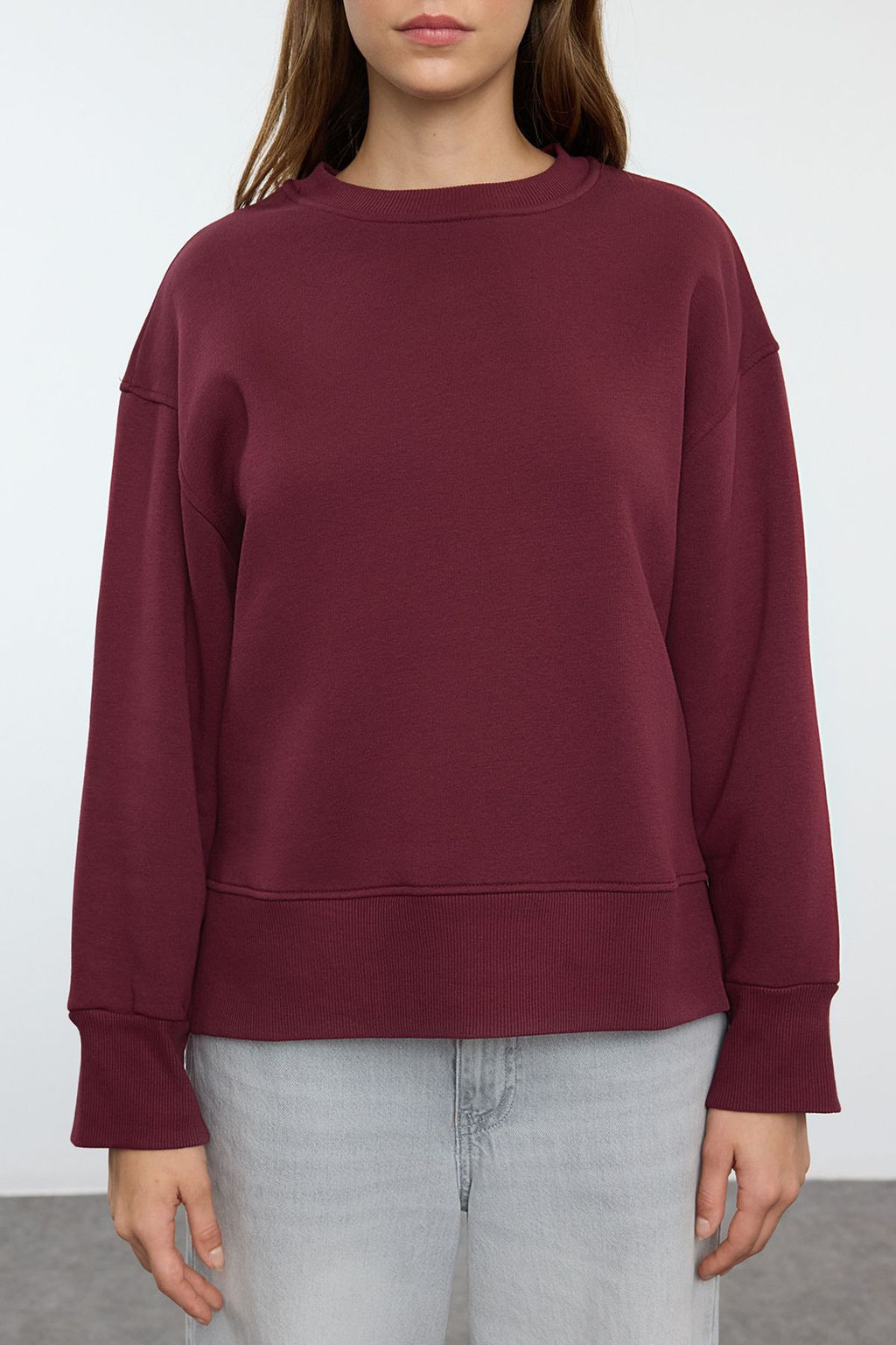 TRENDYOLMILLA Bordo Kal?n Ici Polarl? Bisiklet Yaka Regular/Normal Kal?p Basic Orme Sweatshirt TWOAW25SW00169  фото 3