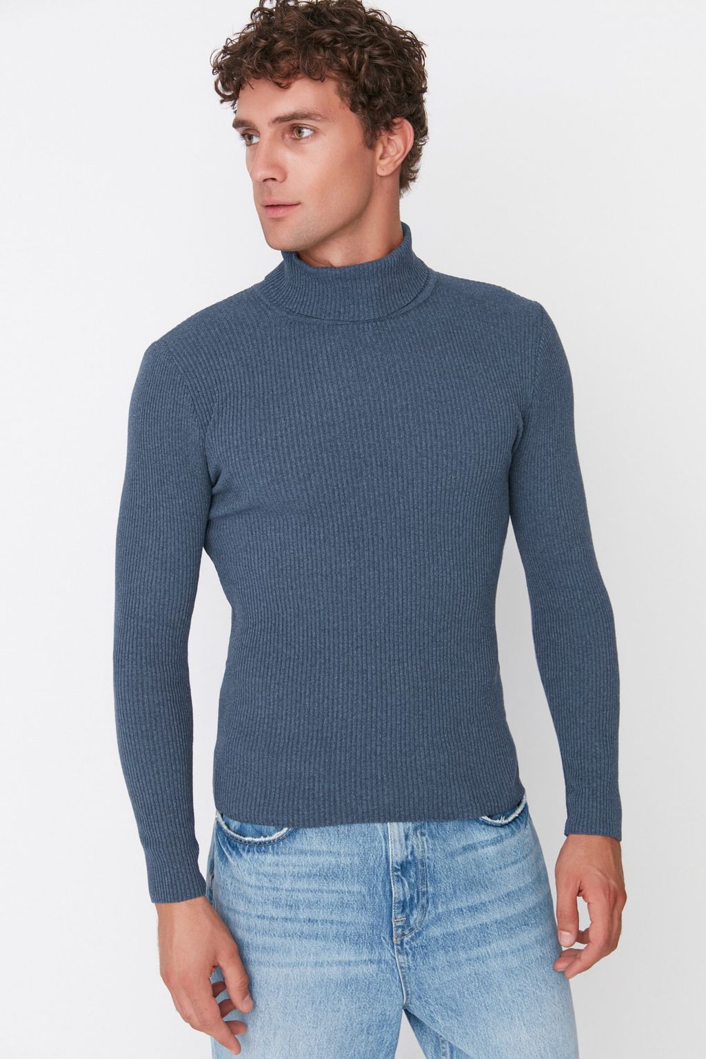 TRENDYOL MAN Lacivert Slim Fit Pamuklu Bal?kc? Yaka Fitilli Orgu Kazak TMNAW20MG0031 - Trendyolmilla фото 3