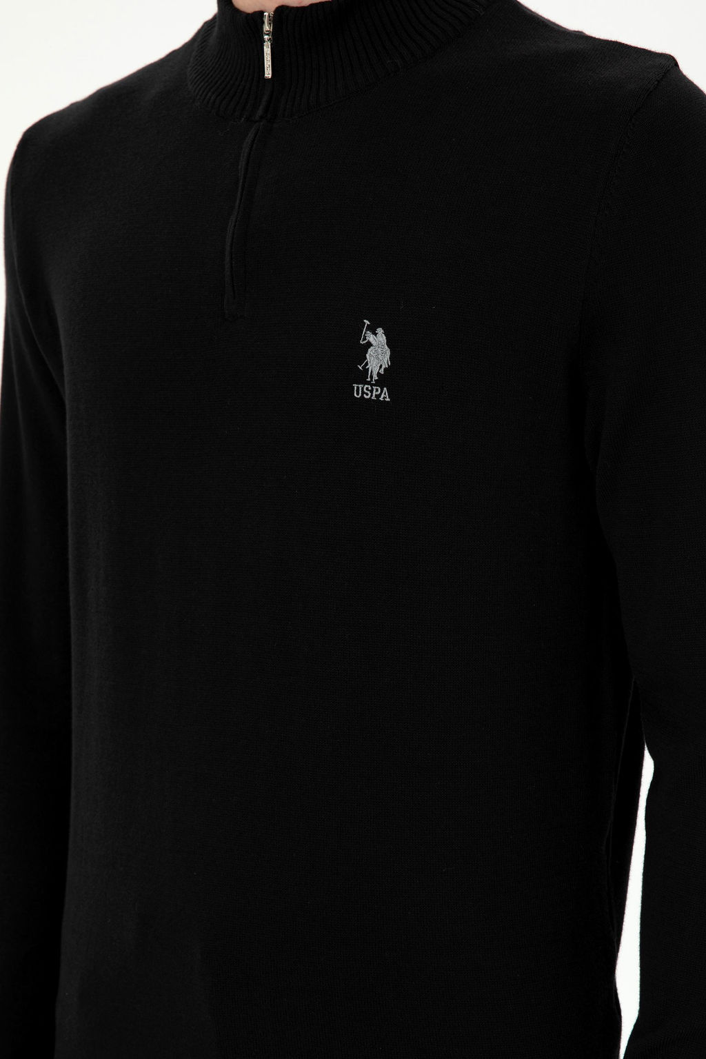 Erkek Slim Fit Yar_m Fermuarl_ Siyah Kazak