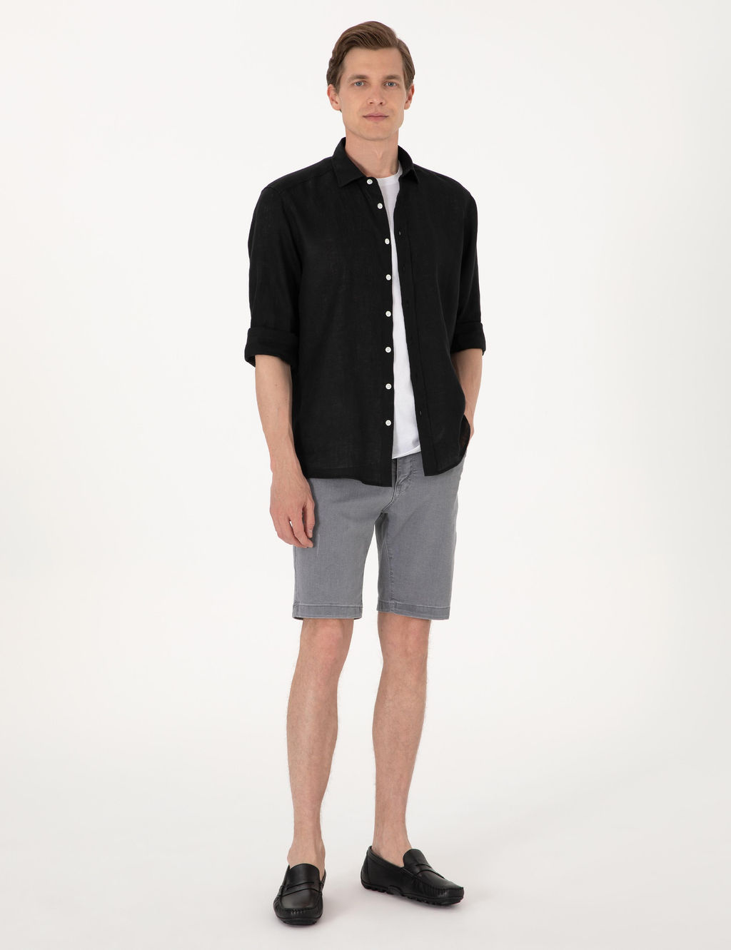 Siyah %100 Keten Regular Fit Uzunkollu G_mlek