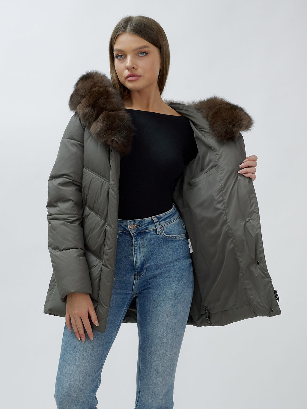 с МЕХОМ ПЕСЕЦ ПРЕМИУМ класса Полупальто зимние темно-серого цвета - Mtforce фото 6