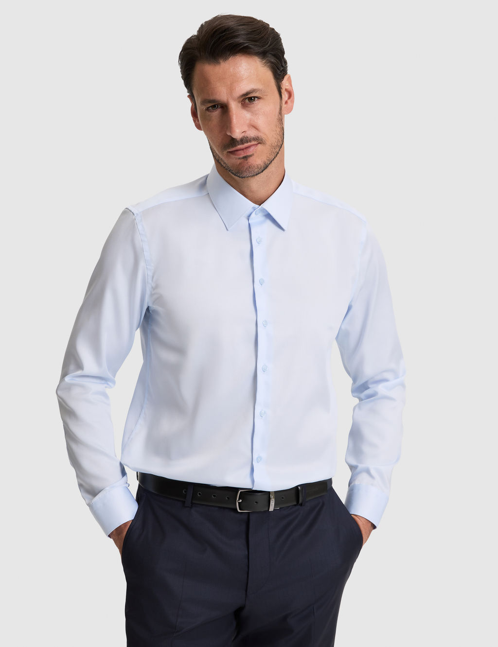 A__k Mavi Non _ron Kolay _t_lenebilir Slim Fit Uzun Kollu Basic G_mlek