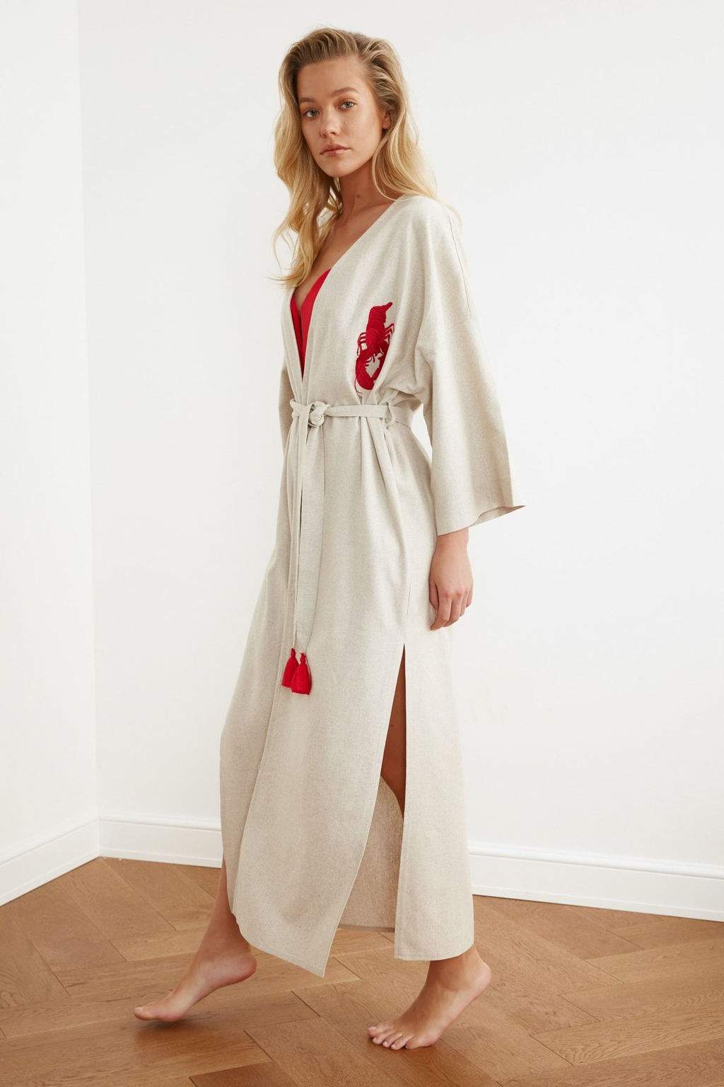 Bej Kusakl? Maxi Dokuma Nak?sl? Keten Kar?s?ml? Plaj Kimono&Kaftan TBESS20KM0051 - Trendyolmilla фото 5