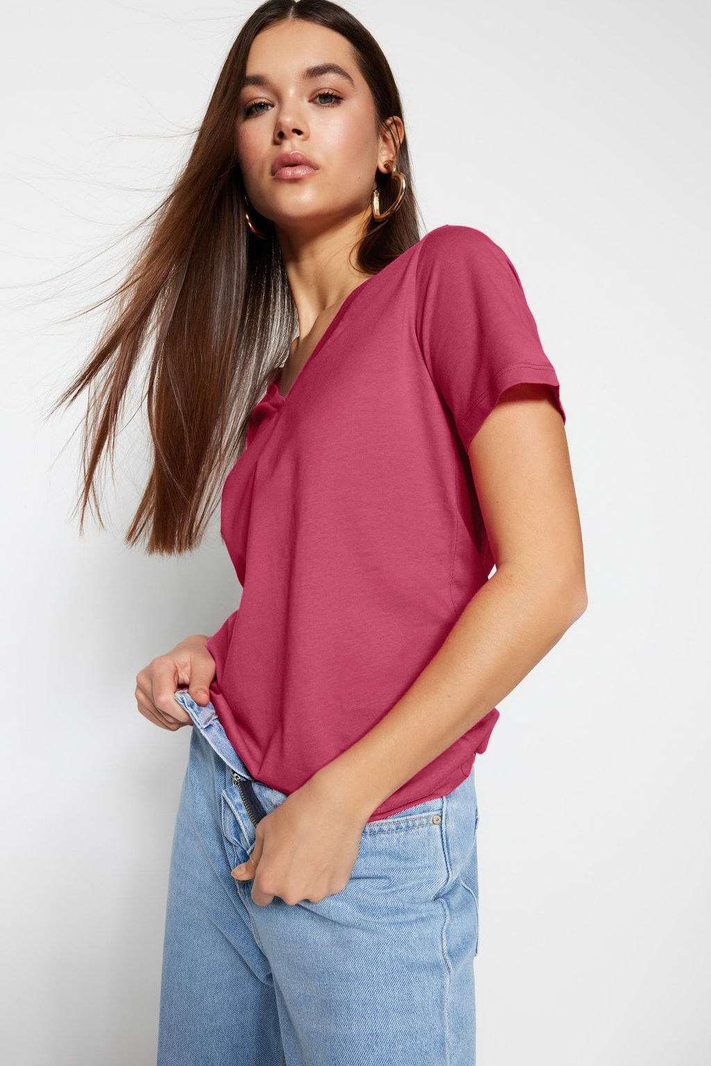 Pembe %100 Pamuk Basic V Yaka Orme T-Shirt TWOSS23TS00001