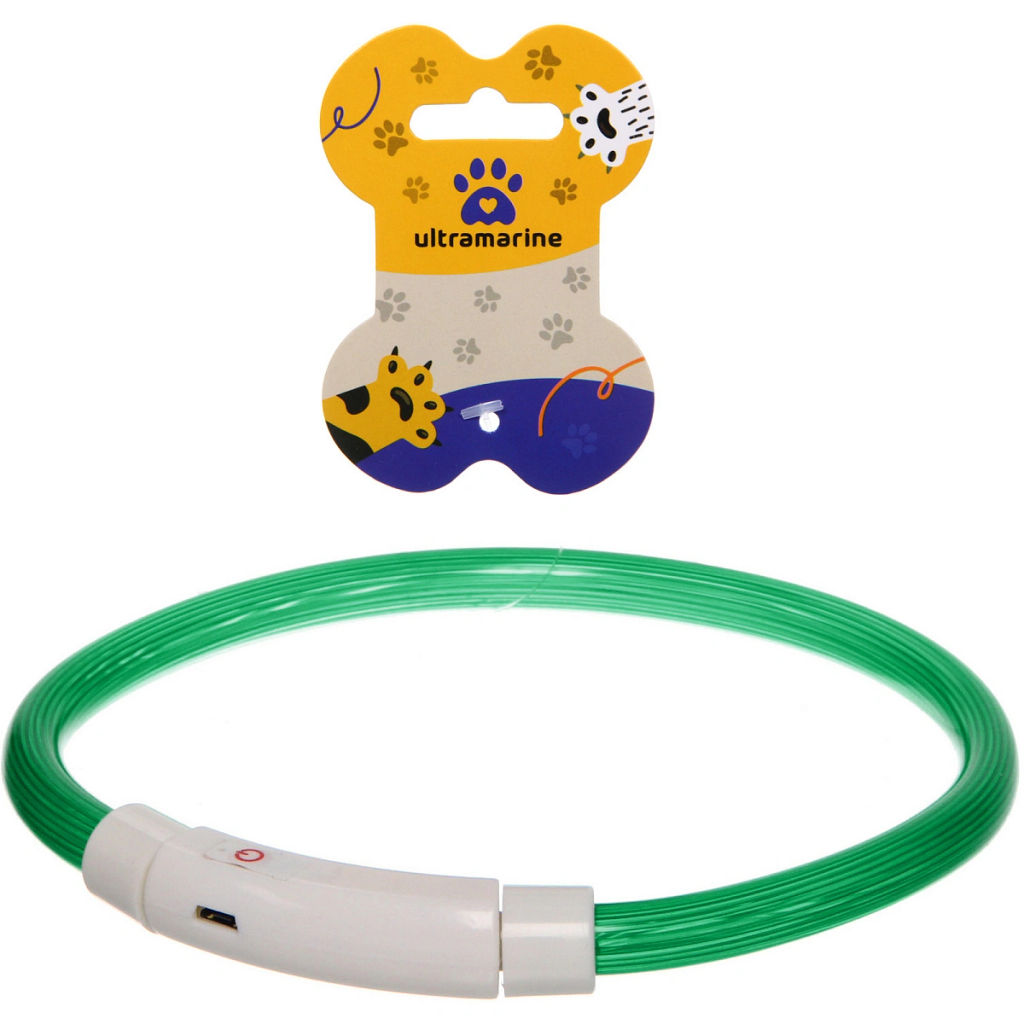 Ошейник неоновый для собак средних пород "Защита Бро", цвет зеленый, зарядка от USB, шнур в комплекте, размер M - d 50см (пакет с подвесом)