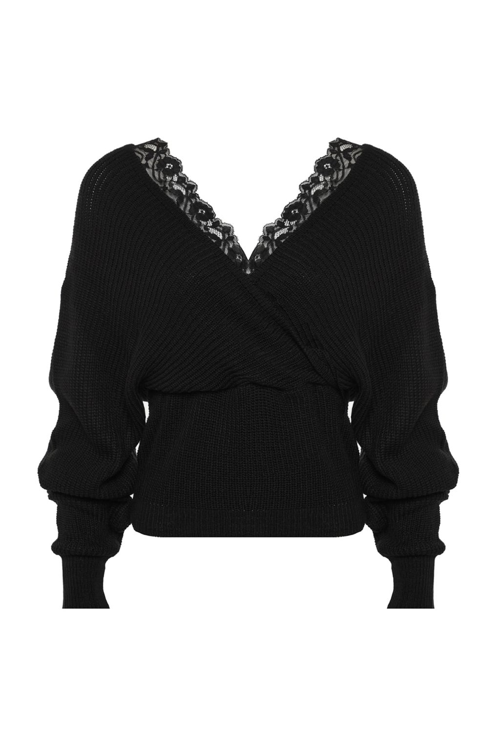 Siyah Kruvaze Dantel Garnili Triko Kazak TWOAW22KZ0522 - Trendyolmilla фото 6