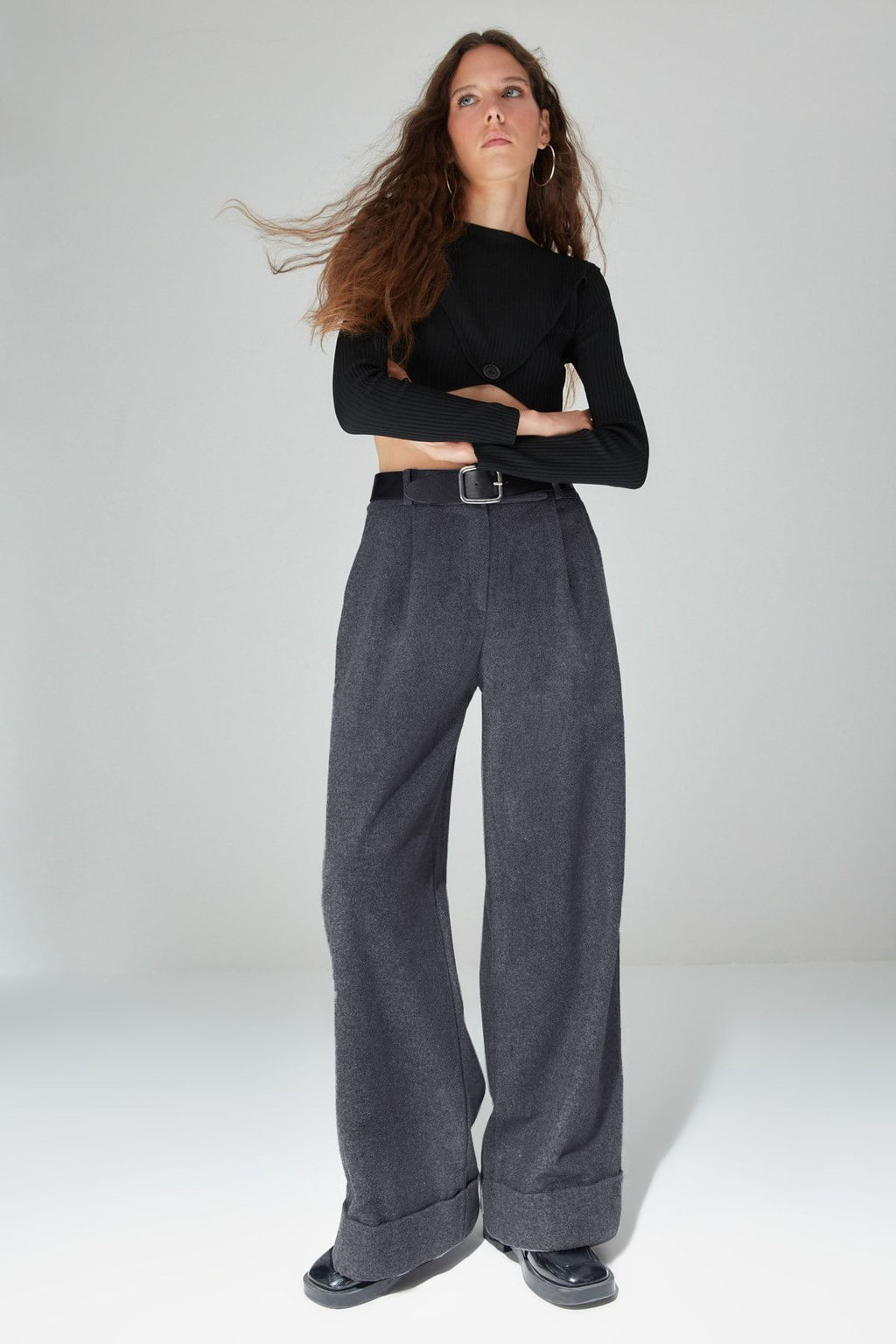 Limited Edition Antrasit Wide Leg/Genis Paca Yuksek Bel Dokuma Pantolon TWOAW23PL00302