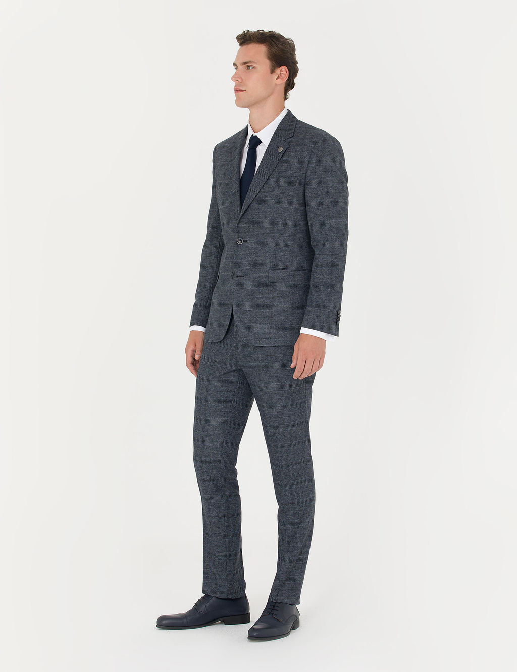 Lacivert Slim Fit Ekose Tak_m Elbise