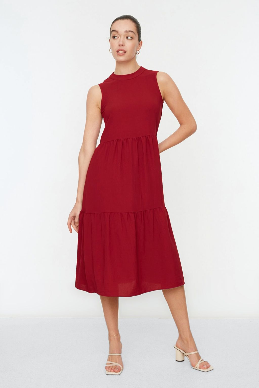 Bordo Shift/Duz Kesim Dik Yaka Midi Dokuma Elbise TWOSS20EL1864