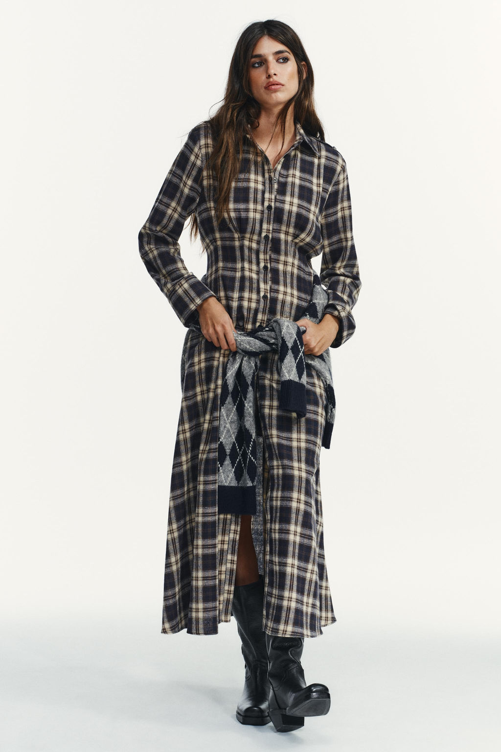 CHECKED PLEATED MIDI DRESS
