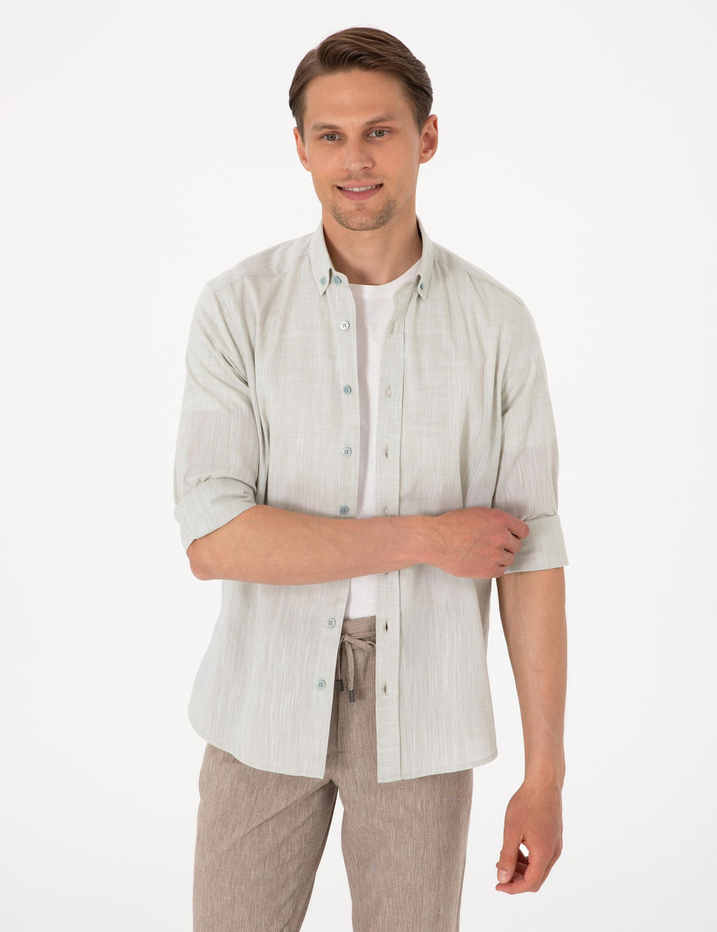 Рубашка Pierre Cardin Slim Fit зеленая с эффектом льна