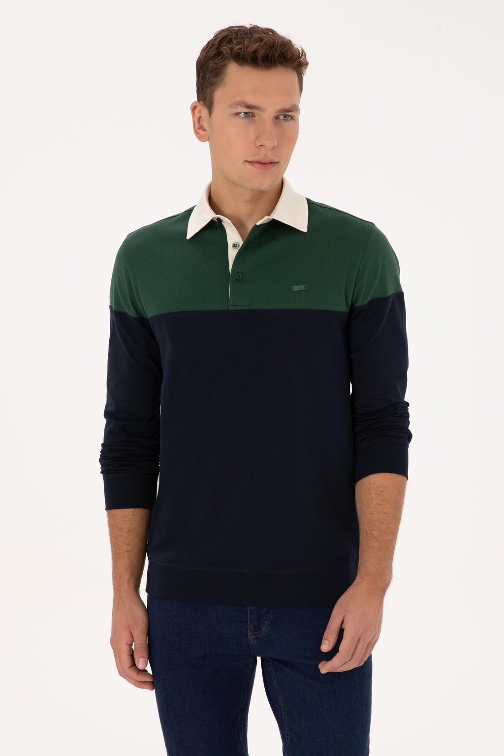 Erkek Regular Fit Polo Yaka Koyu Ye_il Sweatshirt