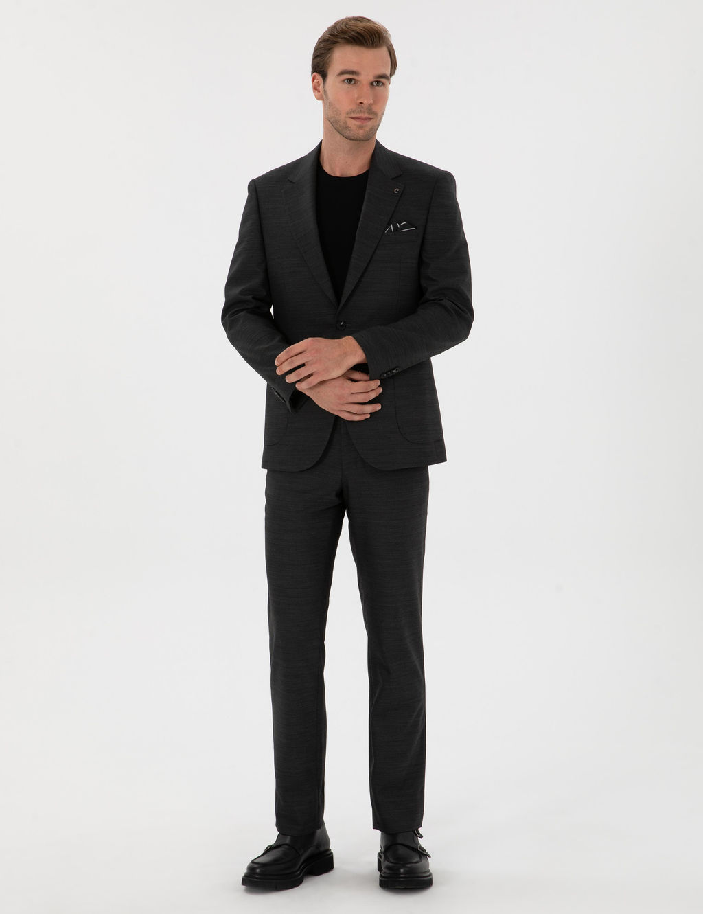 Antrasit Slim Fit Mikro Desenli Mono Yaka Y_n Kar___ml_ Tak_m Elbise