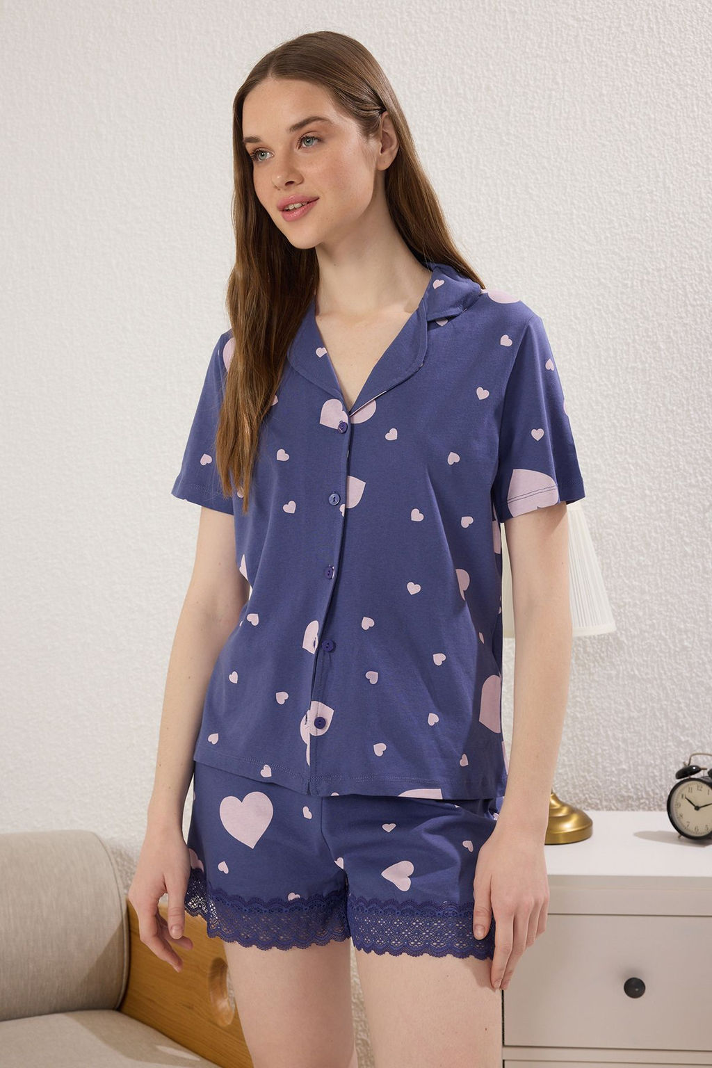 Mavi %100 Pamuklu Kalpli Dantel Detayl? Sortlu Orme Pijama Tak?m? THMSS25PT00302 - Trendyolmilla фото 3