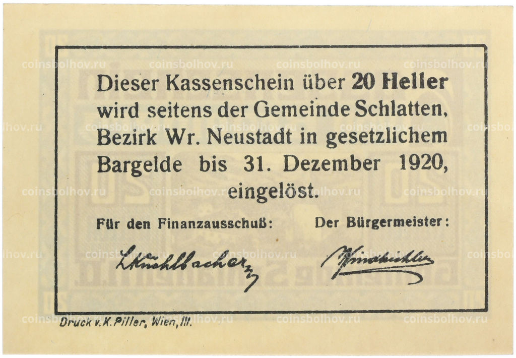 Банкнота 20 геллеров 1920 года Австрия  город Шлаттен (Нотгельд)