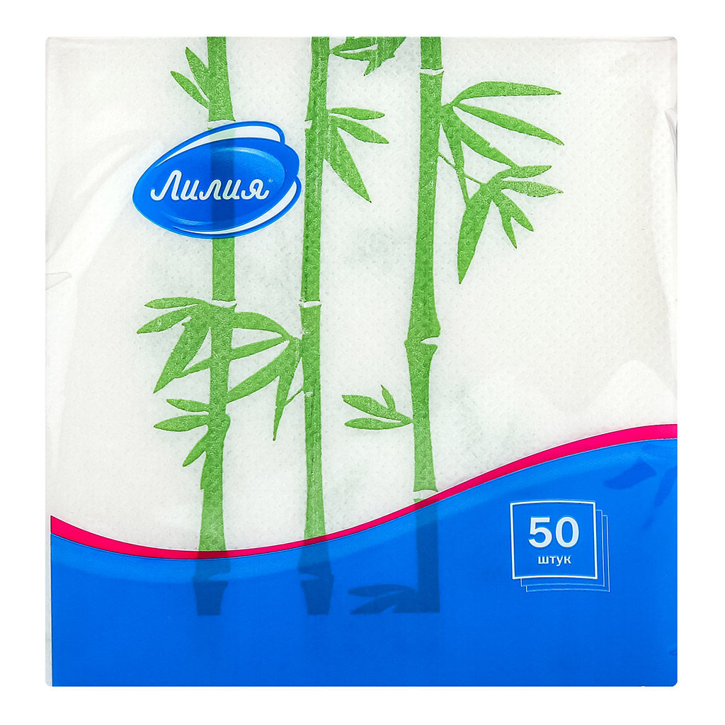 Салфетки бумажные 24х24см "Лилия", 1 слойные, 50 штук в упаковке, "Микс: Панда + Бамбук" (Россия)