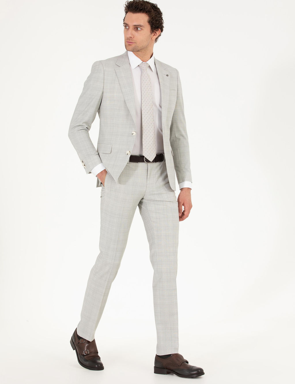 Gri Slim Fit Kareli Tak_m Elbise