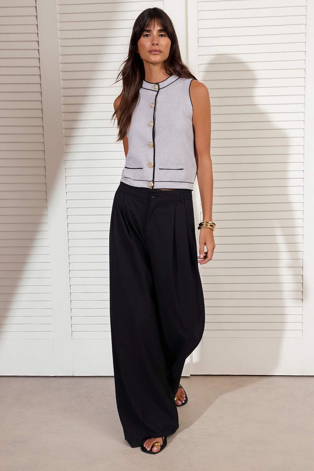 Ac?k Gri Premium Iplik/Ozel Iplik Bisiklet Yaka Renk Bloklu Ince Bluz TWOSS25YE00066