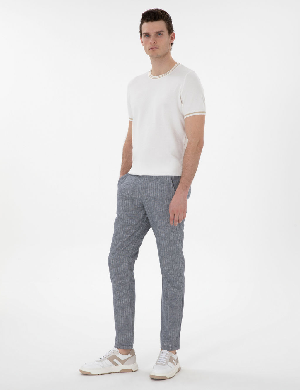 Lacivert Slim Fit Keten Kar___ml_ _izgili Kanvas Pantolon