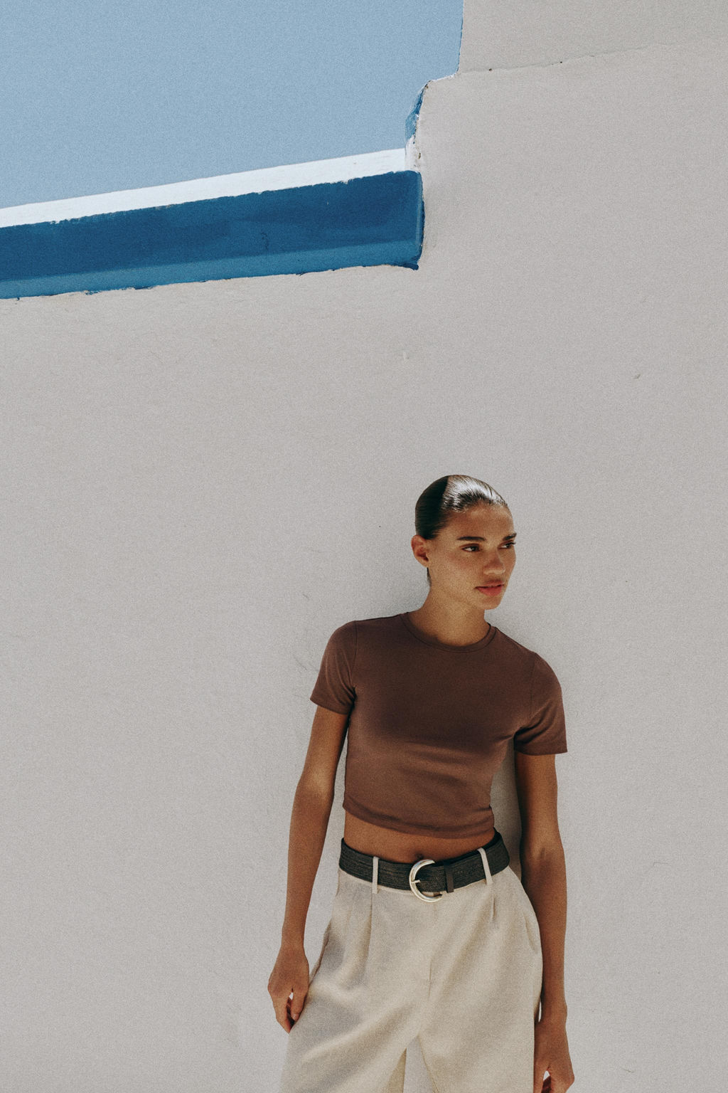 CAMISETA CROPPED MANGA CORTA / Marr?n claro
