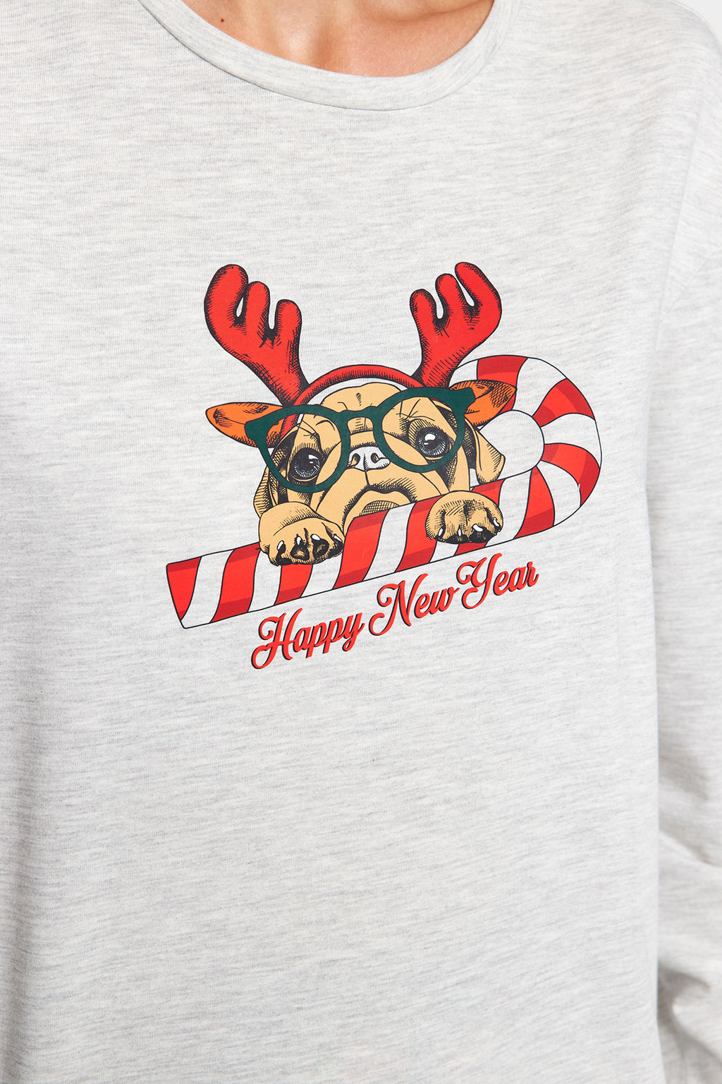 Gri Melanj %100 Pamuklu Y?lbas? Temal? Orme Pijama Tak?m? THMAW24PT00058