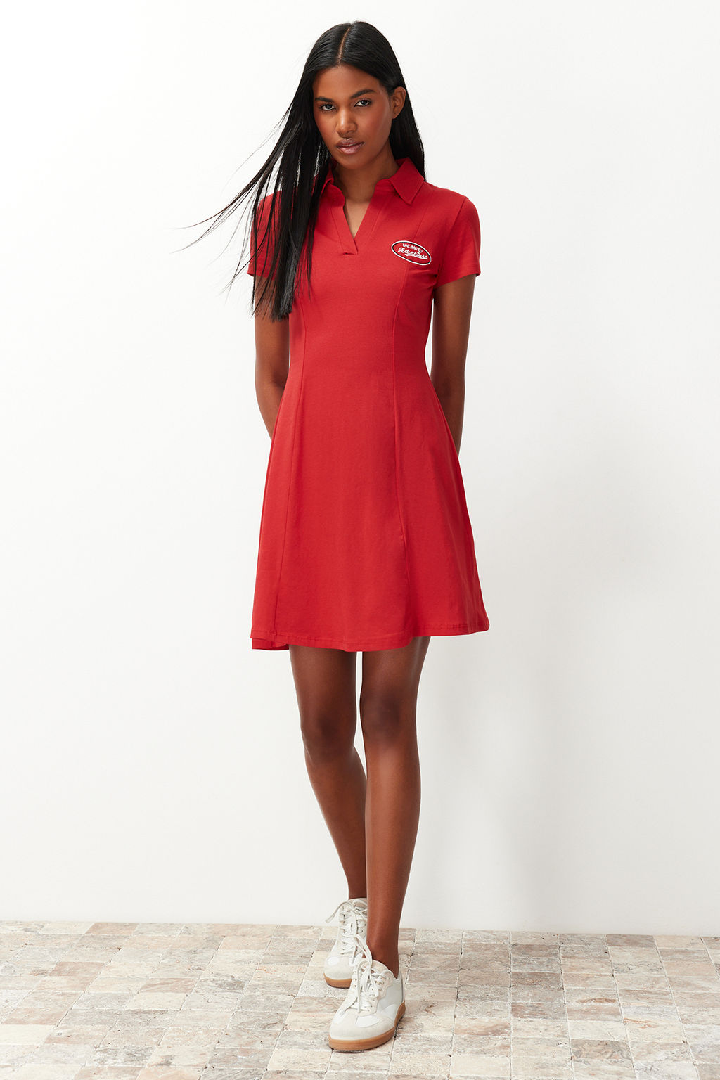 K?rm?z? Skater/Belden Ac?lan Nak?sl? Pamuklu Esnek Orme Mini Elbise TWOSS24EL00819