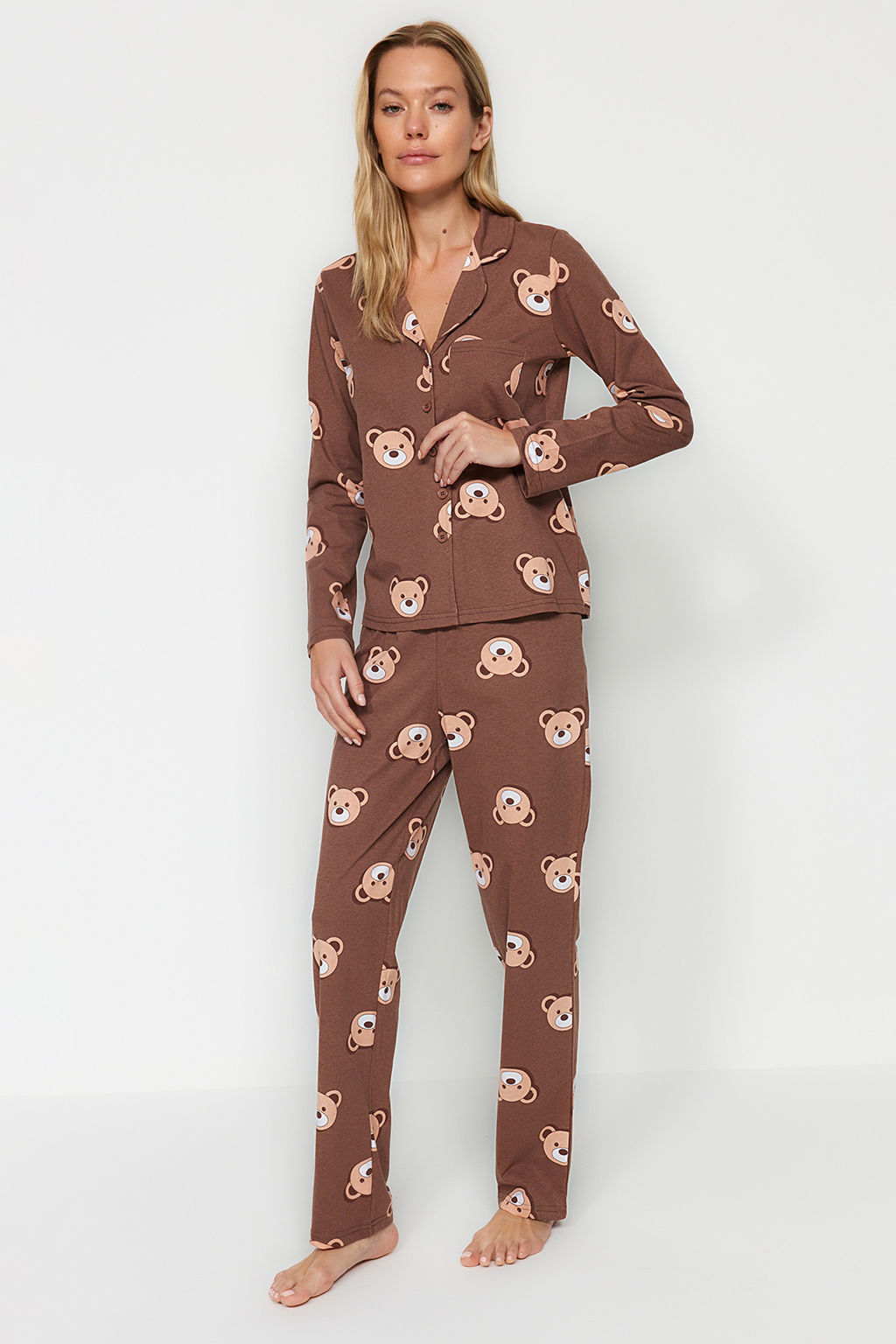 Trendyolmilla Ekru %100 Pamuklu Ay?c?kl? Gomlek-Pantolon Orme Pijama Tak?m? THMAW24PT00002 фото 2