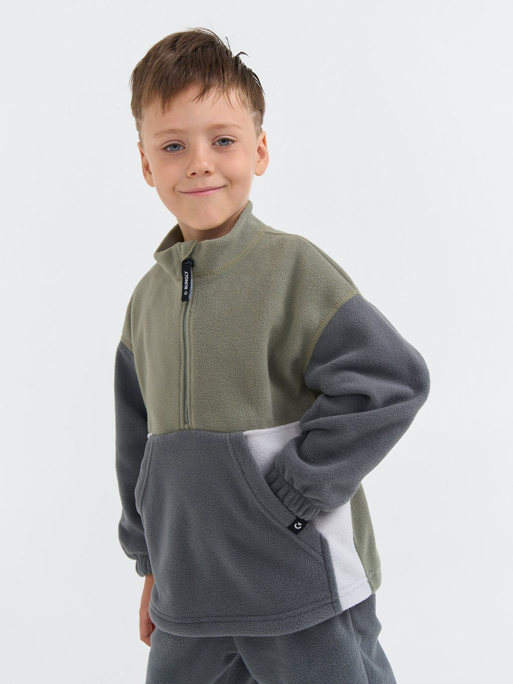 Олимпийка флисовая Колор блок Графит/Олива - Bungly фото 2