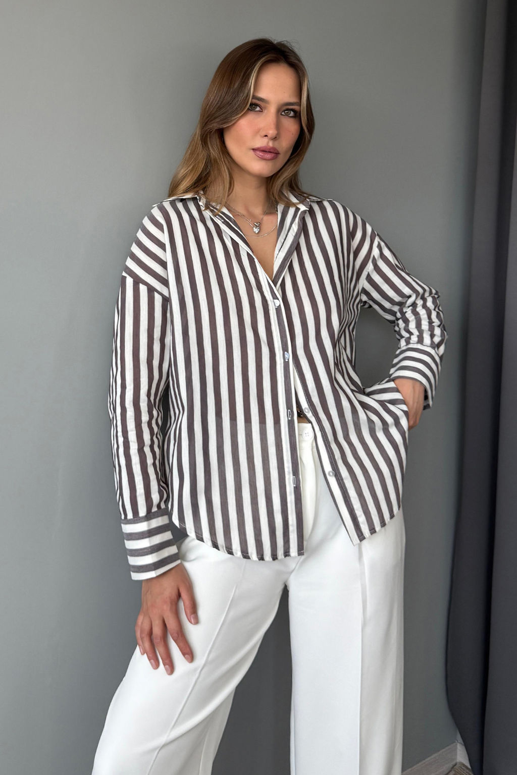 Kahverengi Bej Cizgili Oversize Gomlek TWOAW26GO00093