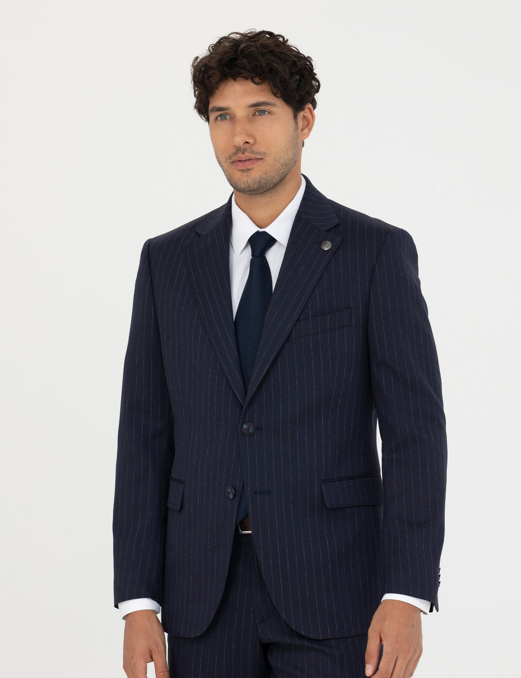 Lacivert Slim Fit _izgili Y_nl_ Tak_m Elbise