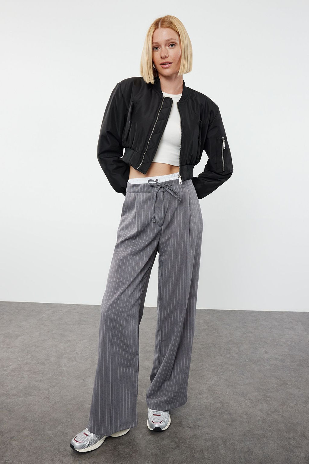 Gri Boxer Detal? Wide Leg/Genis Paca Dokuma Kumas Pantolon TWOAW25PL00014 - Trendyolmilla фото 2