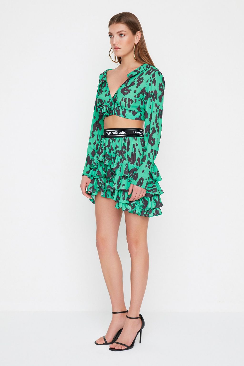 TRENDYOLMILLA X Sagaza Studio Yesil Leopar Desen Bask?l? Dokuma Sifon Etek TPRSS22ET00003  фото 3