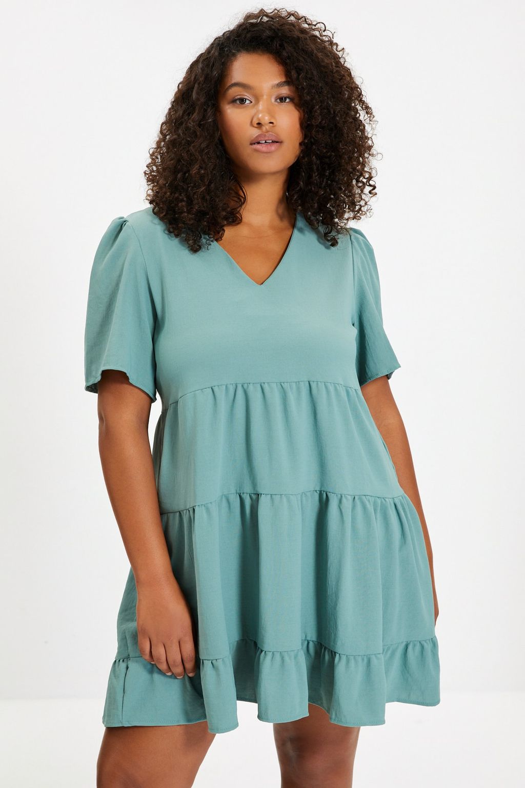 Haki Genis Kesim V Yaka Mini Dokuma Elbise TWOSS20EL0400