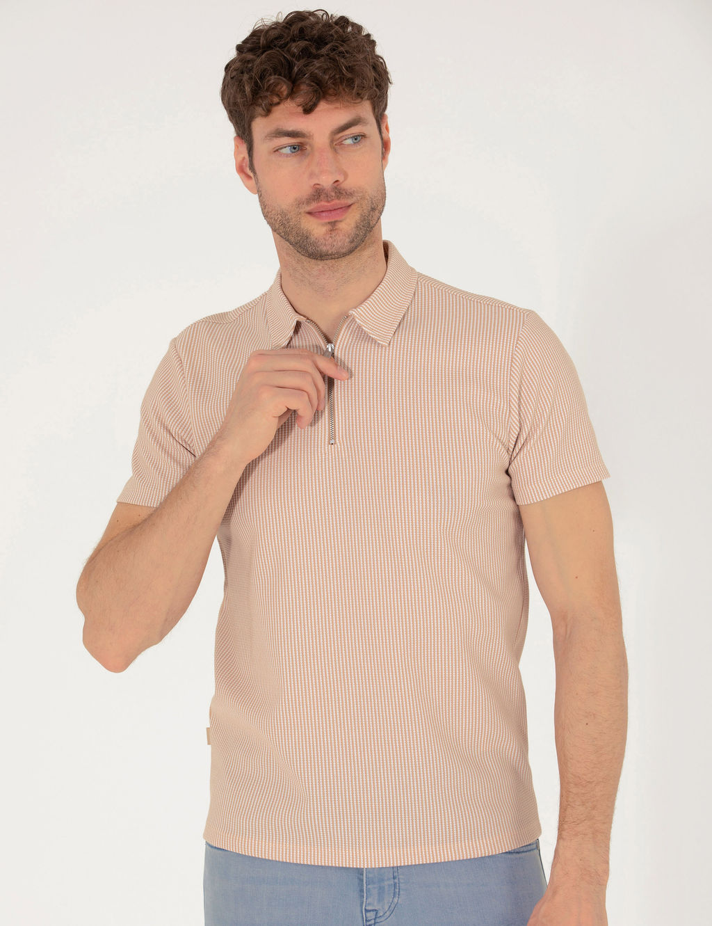 Bej Slim Fit Fermuarl_ Polo Yaka Ti__rt