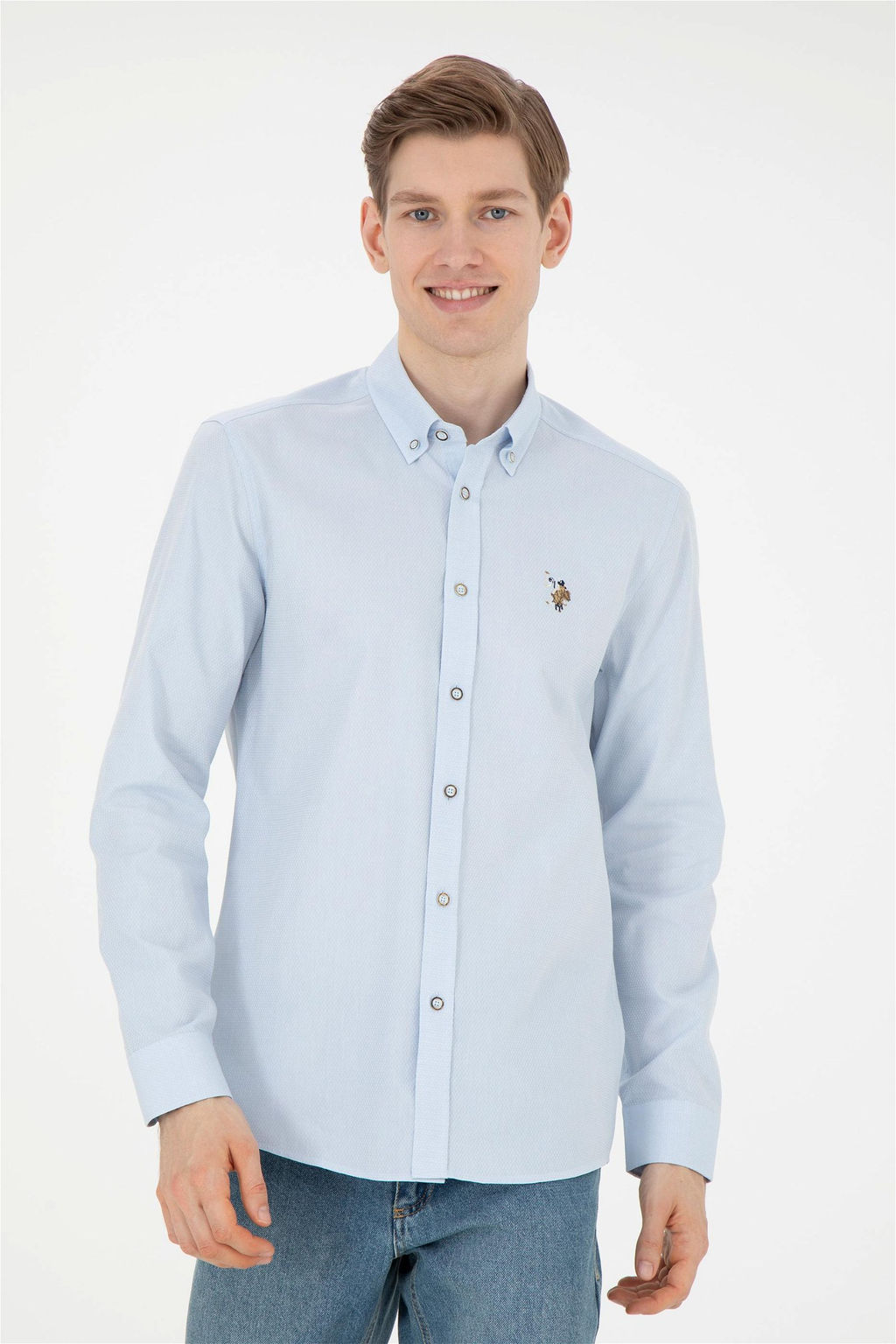 Мужская голубая базовая рубашка с длинным рукавом - U.s. polo assn фото 3