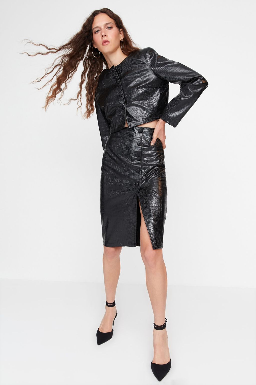 TRENDYOLMILLA Limited Edition Siyah Suni Y?lan Derisi Y?rtmacl? Midi Dokuma Etek TWOAW23ET00260 фото 3