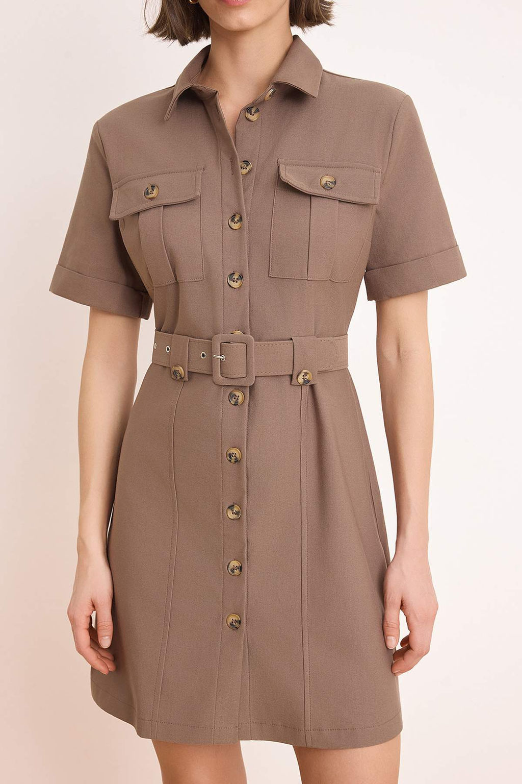 Kahverengi Kemerli Mini Gabardin Dokuma Gomlek Elbise TWOSS26EL00117