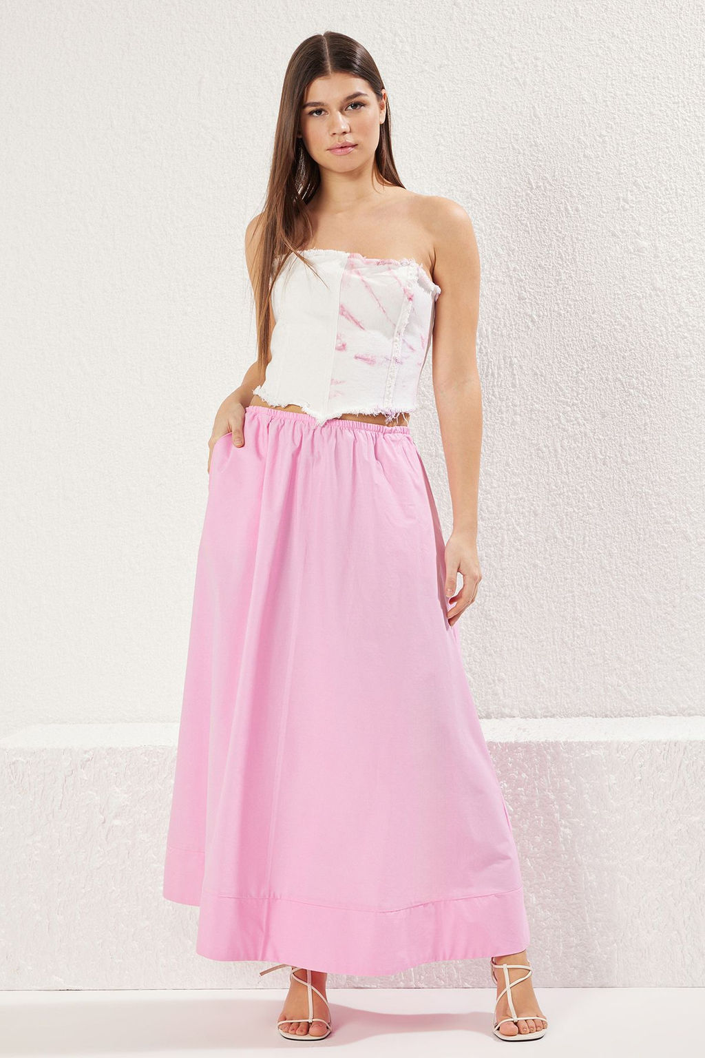 TRENDYOLMILLA Pembe Beli Lastikli Pamuklu Kumas A-Line Kal?p Maxi Boy Dokuma Etek TWOSS25ET00084 фото 3