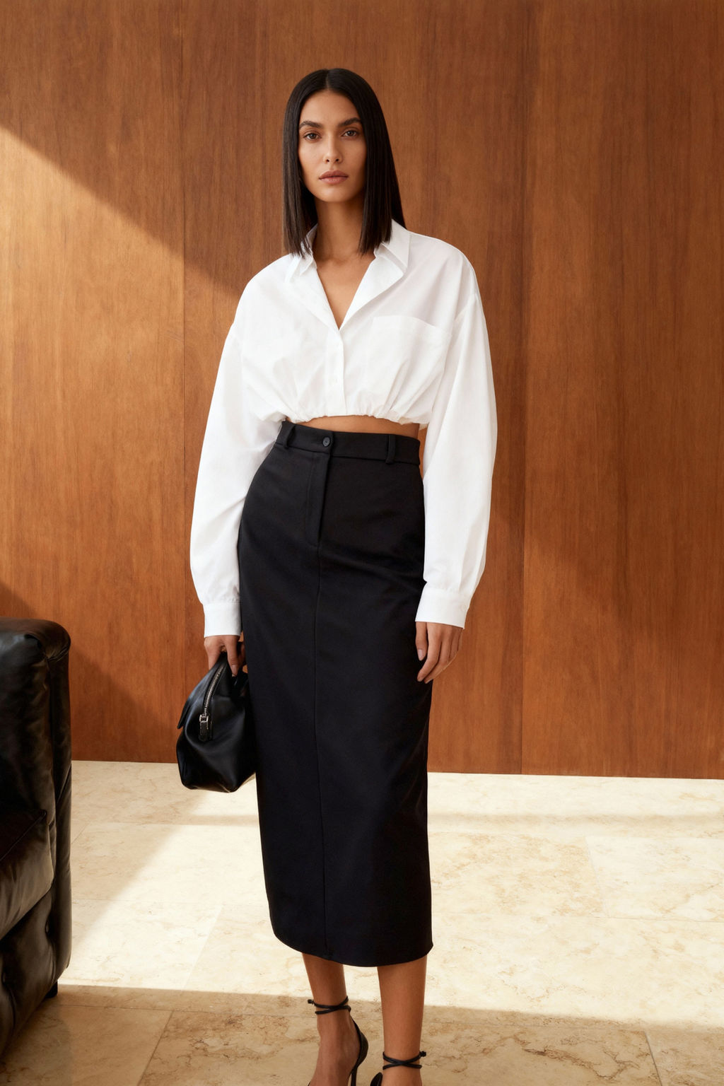 Siyah Bel Detayl? Kalem Duz Kesim Midi Boy Y?rtmacl? Dokuma Etek TWOSS24ET00129