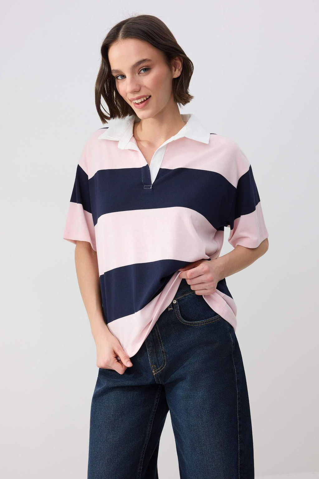 Wardrobe Essentials-Lacivert Cizgili Regular/Normal Kal?p %100 Pamuk Orme T-shirt TWOSS26TS00027