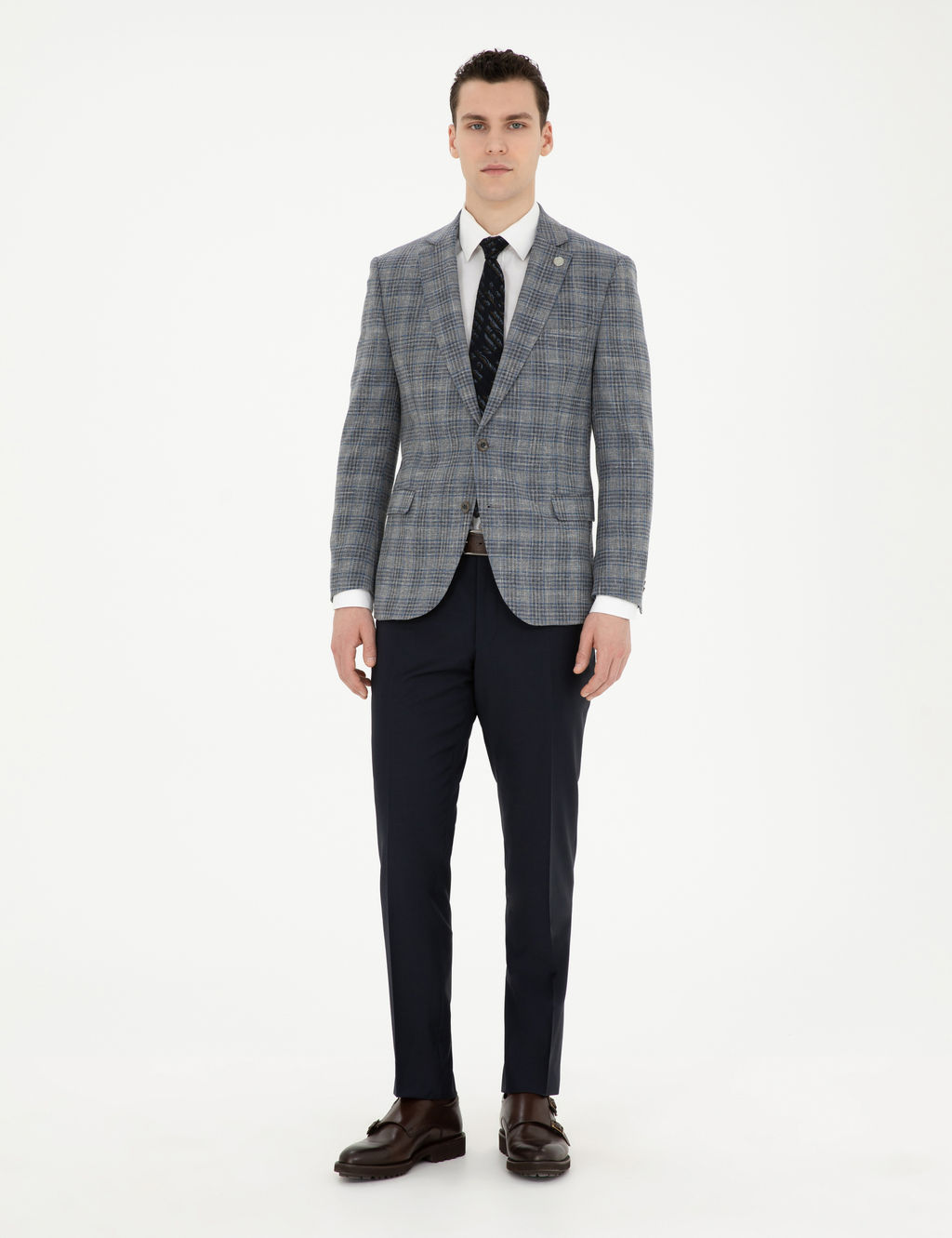 Gri Ex. Slim Fit Y_n Kar___ml_ Ekose Ceket