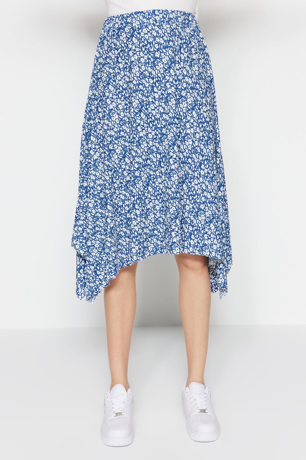 Indigo Desenli Volanl? Asimetrik Yuksek Bel Midi Esnek Orme Etek TWOAW20ET0440