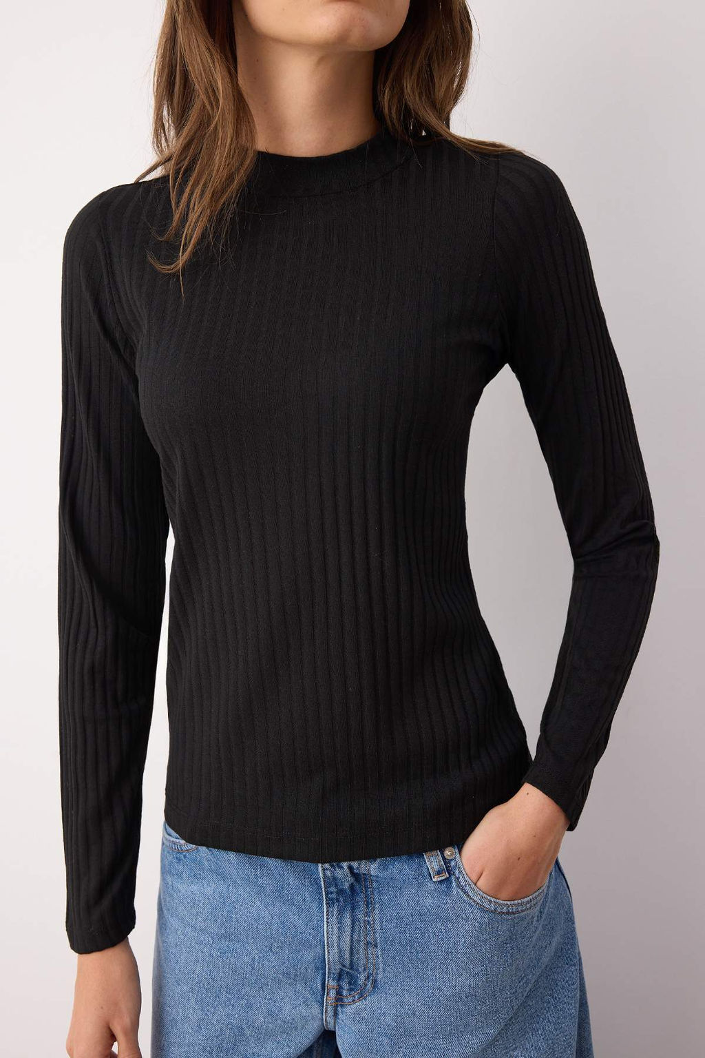 Siyah Dik Yaka Fitilli Esnek Fitted/Vucuda Oturan Orme Bluz TWOAW20BZ0200
