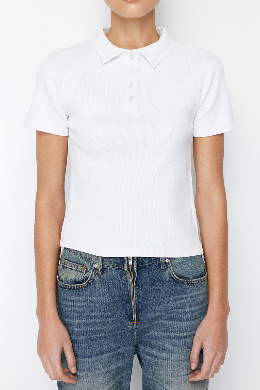 Trendyolmilla Siyah Polo Yaka Dugmeli K?sa Kol Esnek Fitilli Orme Bluz TWOSS24BZ00111  фото 5