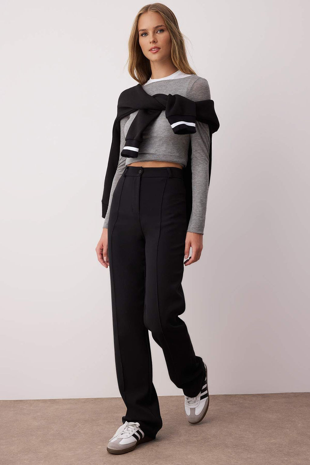 Siyah Kal?n Esnek Kumas Straight/Duz Kesim Yuksek Bel Nervur Dikisli Pantolon TWOAW26PL00027 - Trendyolmilla фото 2