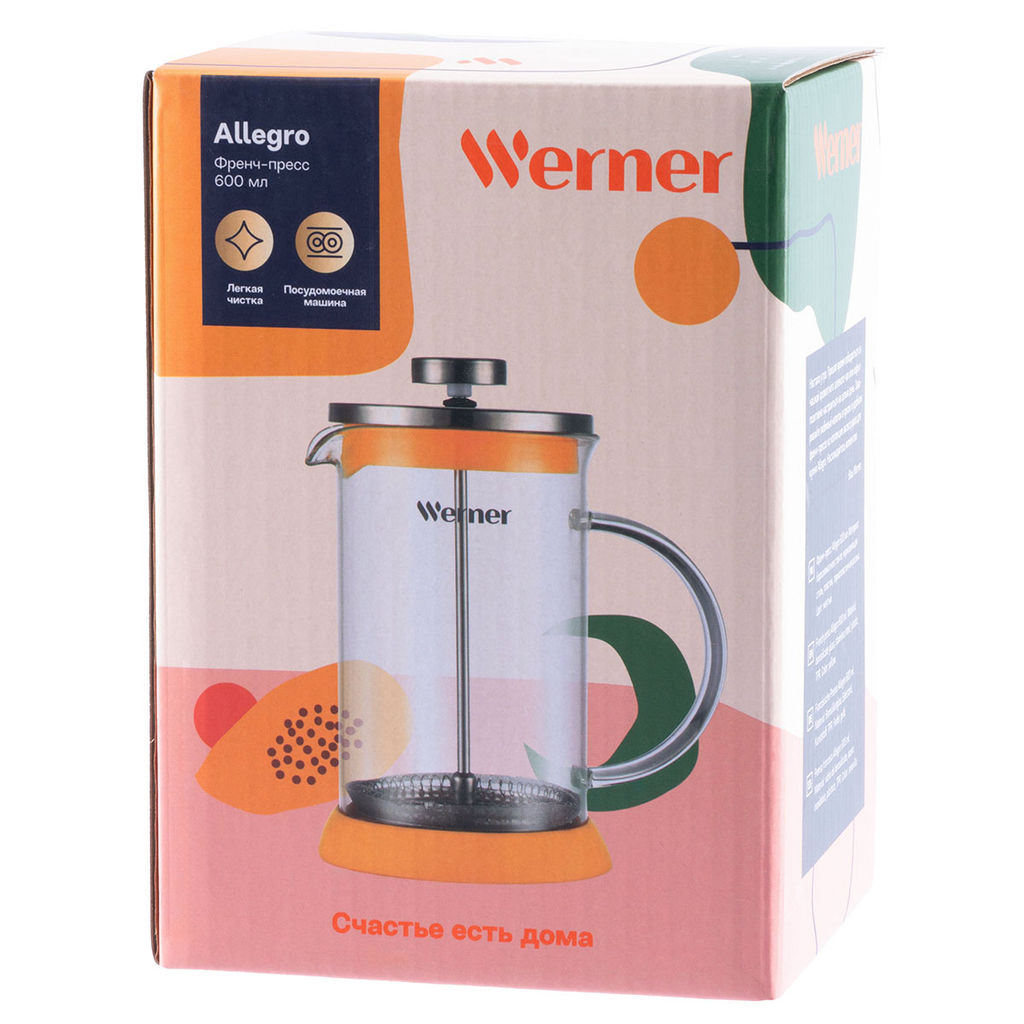 51461 WERNER Френч-пресс ALLEGRO 600 мл. Материал: жаропрочное боросиликатное стекло, нержавеющая сталь, пластик, термопластичная резина.  фото 6