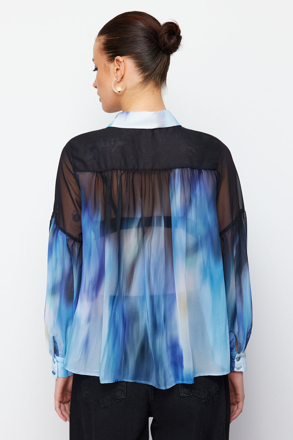 TRENDYOLMILLA Mavi Balon Kol Desenli Sifon Kumas Oversize Genis Kal?p Dokuma Gomlek TWOSS24GO00003  фото 6